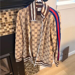 Gucci Beige GG Monogram Track Jacket with Blue and Red Shoulder Stripe